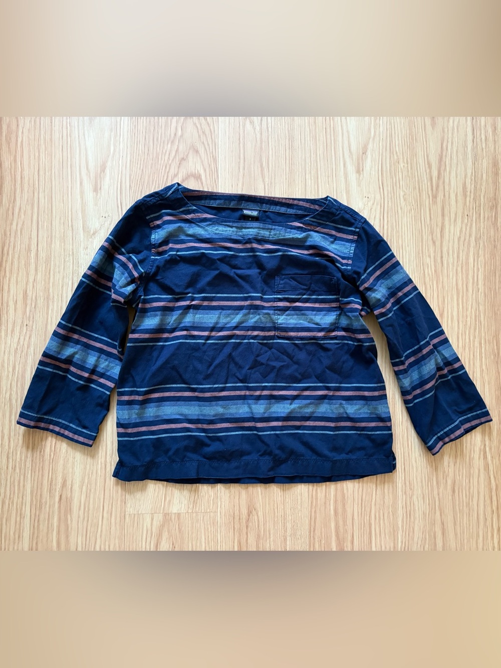 Patagonia Catbells 3/4 sleeve navy blue mineral striped organic cotton top sz S